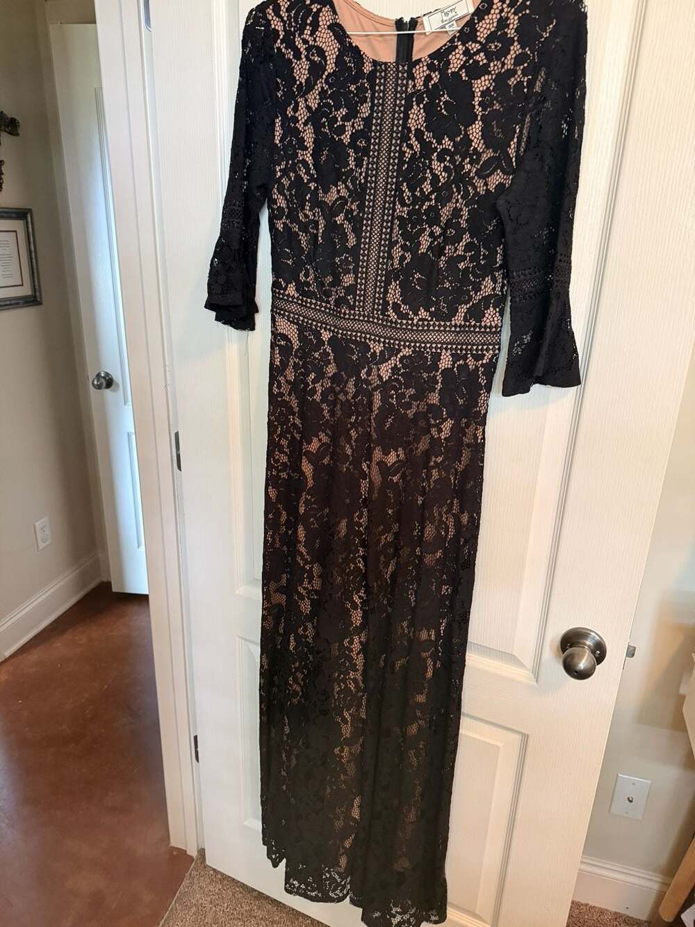Missmay Black Lace Bell Sleeve Maxi Dress with Nude Lining, Size M